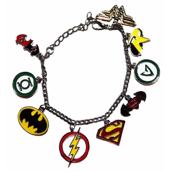 DC Comics Superheroes 9 Themed Logo Charms Silvertone Metal Charm Bracelet