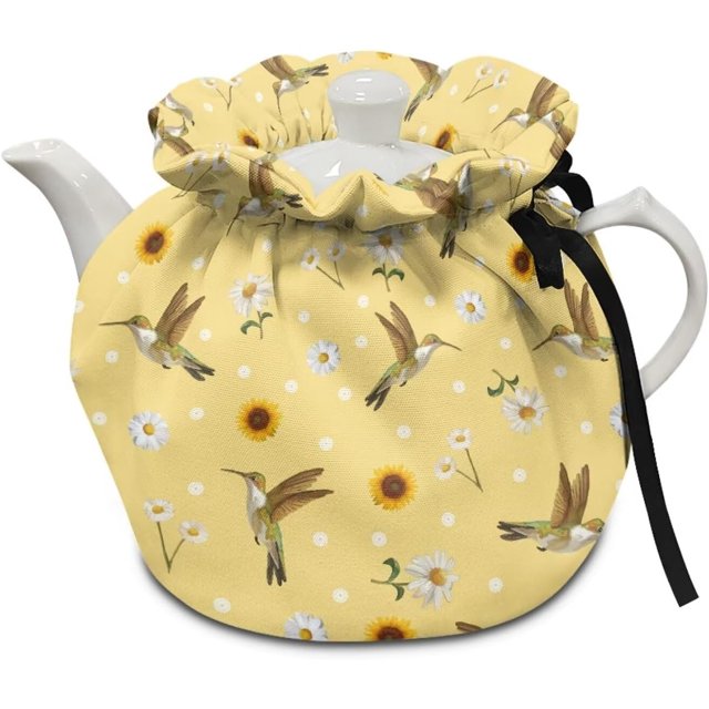 Yellow Hummingbird Tea Pots Cover Tea Cosy Drawstrings Breakfast Teapots Reusable Kitchen Tea Pots Dust Lid Home Family Decorative Accessories Cosy Cotton Afternoon Thermal Tea