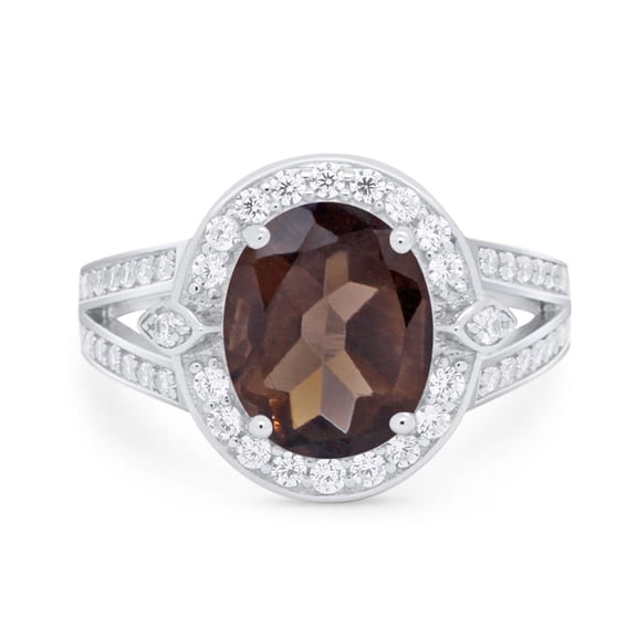 Natural Chocolate Smoky Quartz Size-5 Art Deco Ring Oval Vintage Style Split Shank Halo CZ Wedding Engagement Ring For Women 925 Sterling Silver Gifts For Her