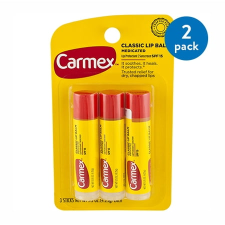 (2 pack) (2 Pack) Carmex Classic Lip Balm Medicated Sunscreen, SPF 15, .15 oz, 3 count