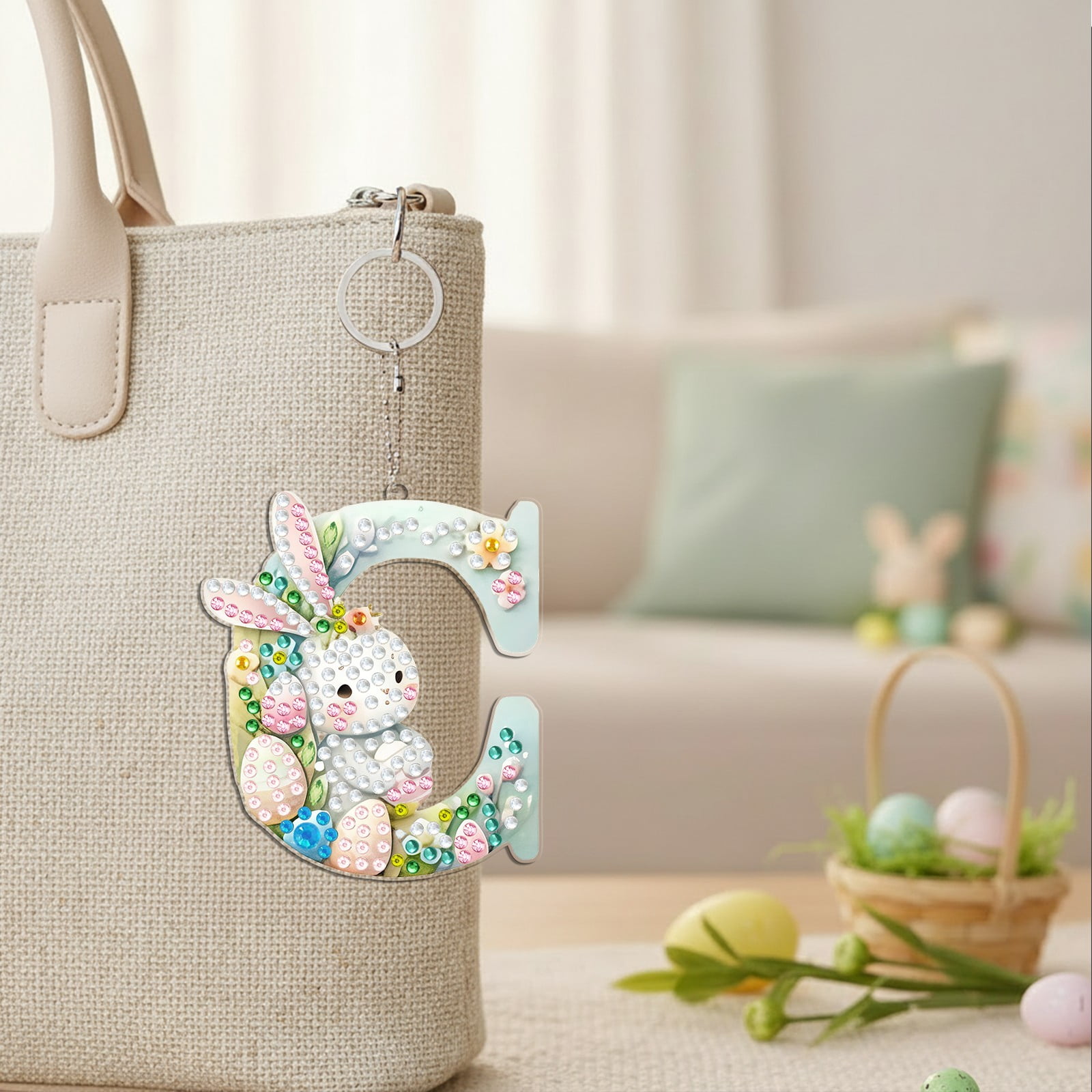 FLOPESN DIY Diamond Art Painting Easter Bunny Egg Letters Acrylic Keychain,Creative Design Double-Sided Diamond Craft For a gift to Friend Family-C