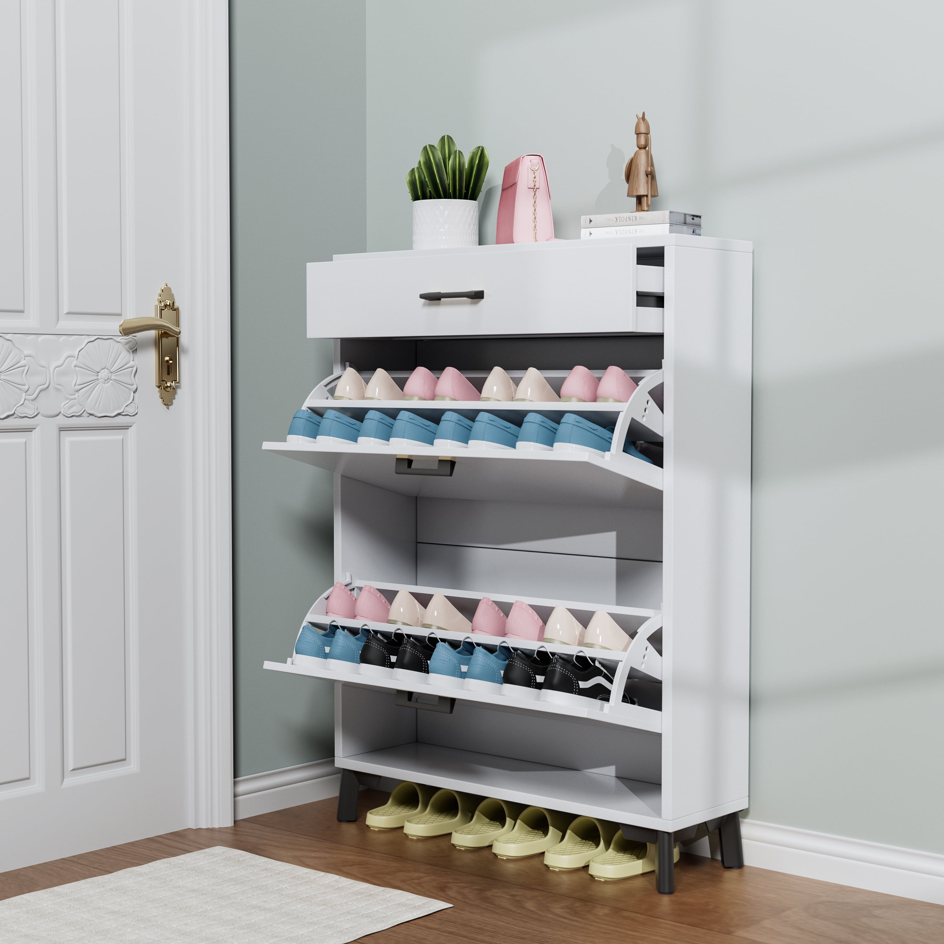 Qhou, Space Saving White Shoe Storage Cabinet with 2 Flip Drawers, Sturdy MDF & Metal Construction Space Saving, White - Easy to Assemble
