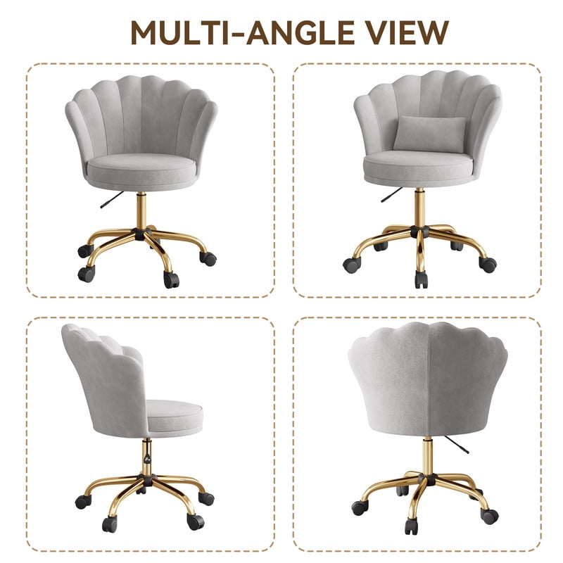 Hawsaiy Shell Back Home Office Chair with Lumbar Pillow, Modern Upholstered Desk Chair with Gold Metal Base, Swivel Adjustable Computer Chair for Home Office, Gray