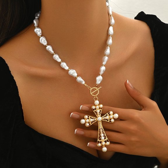 NICKSUN Cross Necklace for Women Exaggerate Big Imitation Pearl Beaded Cross Statement Necklaces Sparkling Crystal Choker Punk Chunky Statement Jewelry