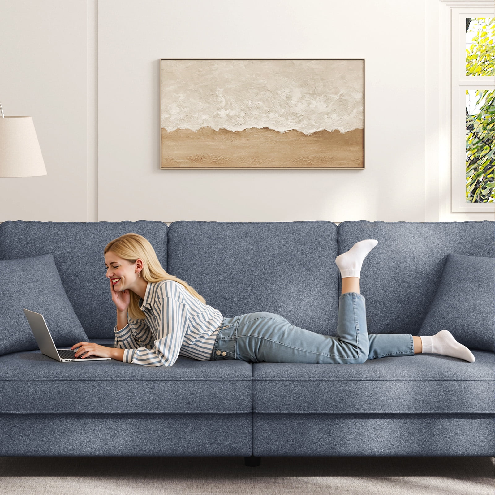 Patbrela 87" Sofa Couch, Comfy Extra Deep Seat 3 Seater Couch for Living Room with Soft Upholstered Round Arms, Free 2 Pillows, Gray