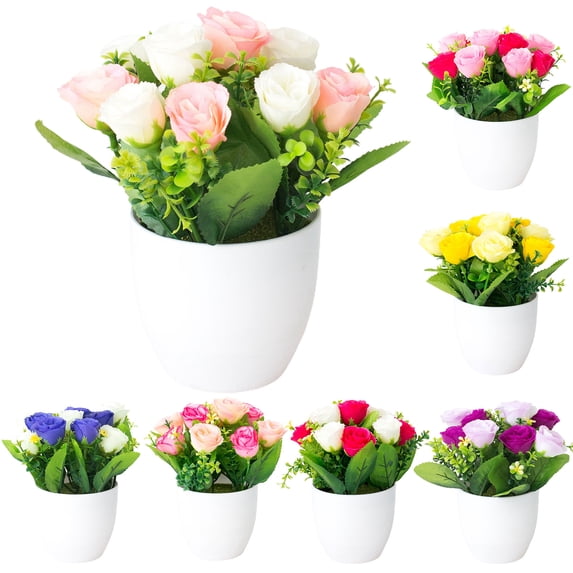 SPRING PARK Artificial Classic Rose Pattern Flowers Potted Fake Bonsai Plant for Home Office Table Decor