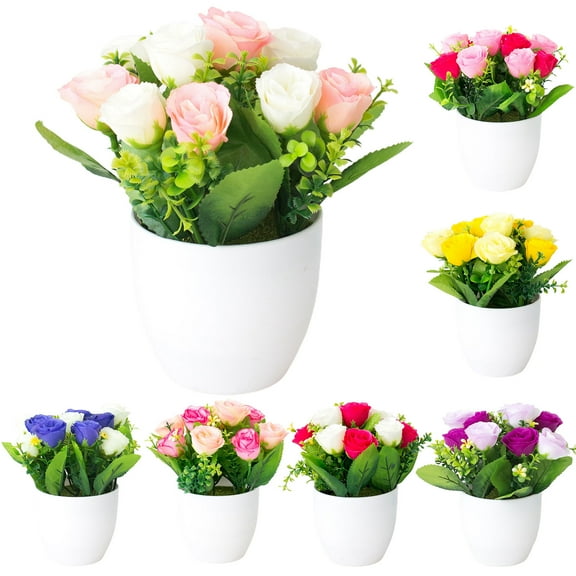 SPRING PARK Artificial Classic Rose Pattern Flowers Potted Fake Bonsai Plant for Home Office Table Decor