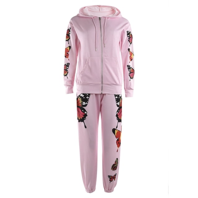 Ensemble Décontracté 2 Pcs à Capuche Zippée pour Femmes Imprimé Papillon Manches Longues Pantalon Vêtements