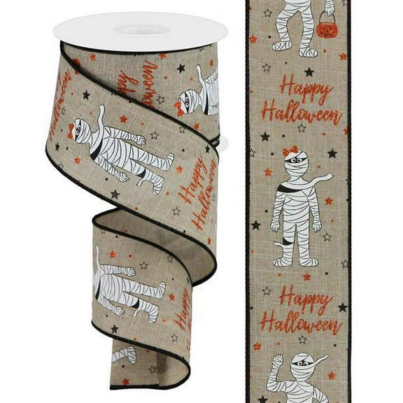 Mummies with Glitter on Canvas Wired Edge Ribbon, 10 Yards (Natural, 2.5 Inch)