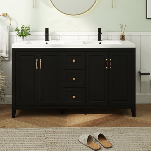 FULLWATT 60” Bathroom Vanity with Sink, Painted Surface Freestanding Vanity Cabinet with 4 Soft-Close Doors, 3 Drawers,Matte Black Faucet Drain,Modern Bathroom Furniture, Black
