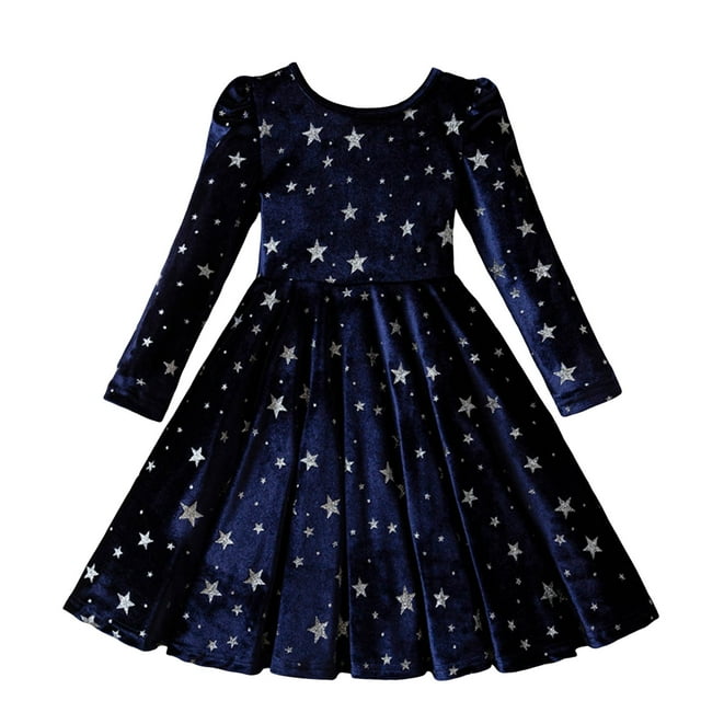 Ketyyh-chn99 Robe de Noël pour Tout-Petits Robe de Noël pour Filles Robe à Manches Longues Imprimé Étoile à la Mode Robe de Soirée Taille pour 5-6 Ans, Marine