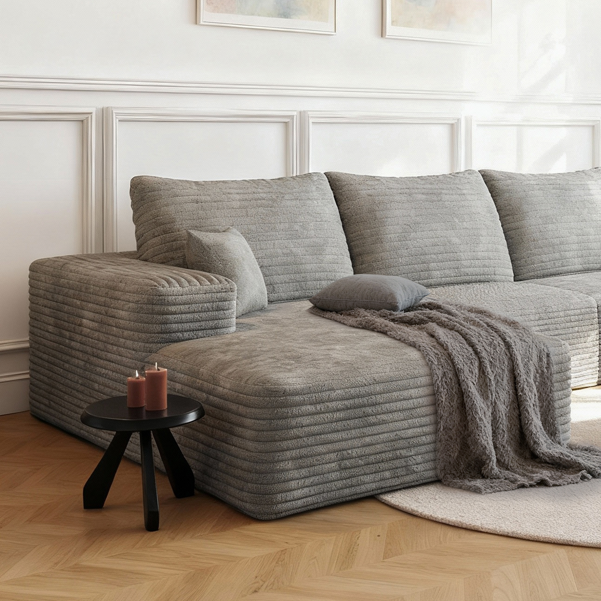 MAYEERTY 135" Cloud Sectional Couch with L-Shape Chaise, Modern Modular Deep Seat Sofa, No Assembly Plush Corduroy Fabric, Gray (3 packages)