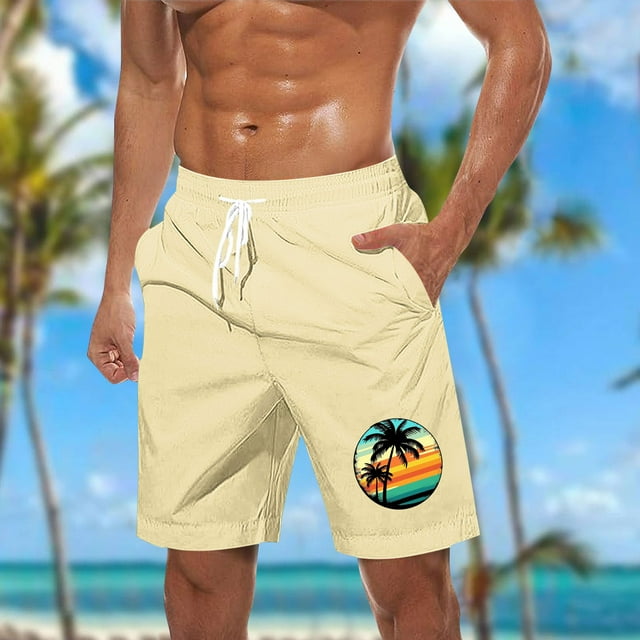 Sentmoon Swim Trunks Men Breathable Summer Straight High Waist Beach Shorts Drawstring Hawaiian Print Basketball Shorts Side Pockets 2025 Casual for Runs Workouts Beige L