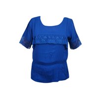Mogul Womens Solid Blouse Top Blue Lace Work Short Sleeves Rayon Summer Tops