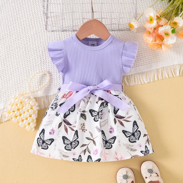 Robe de Bébé Fille Manches Volantes Imprimé Papillons Patchwork Côtelé Robe de Fête pour Filles Violet 3-6 Mois