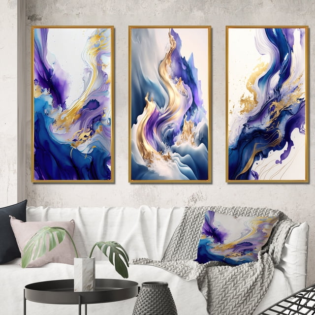 Designart "Blue and Gold Splatter II" Modern Framed Wall Art Set Of 3 - Blue Abstract Spirals Frame Canvas Set For Living Room Decor