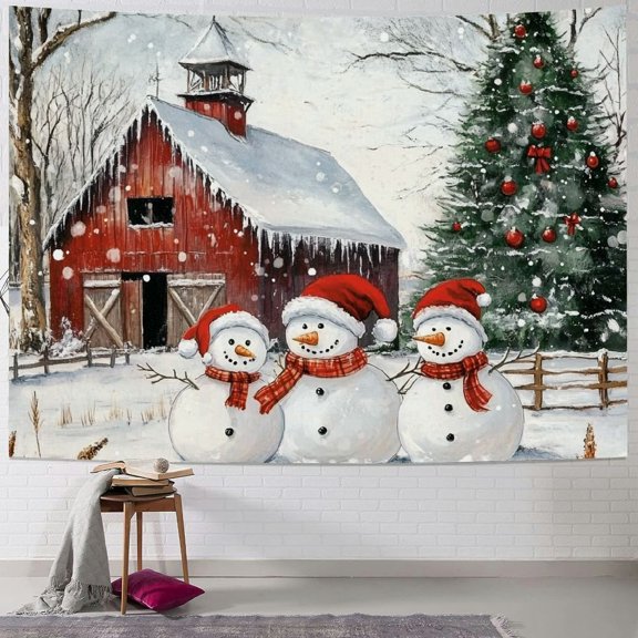 Pratyus Snowmen Christmas Tree Barn Tapestry Wall Hanging for Bedroom Dorm Decoration - Short Plush Fabric Indoor Outdoor Wall Decor - Multiple Sizes Available 40x30inch