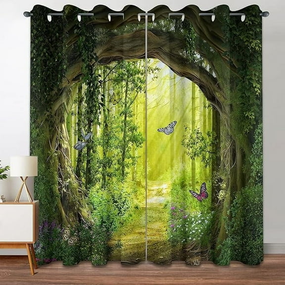Forest Blackout Curtains Patterned Tree Scenic Nature Green Spring Woodland Grommet Window Drapes For Bedroom Living Room Black Out 26"W x 63"L (Pack of 2)