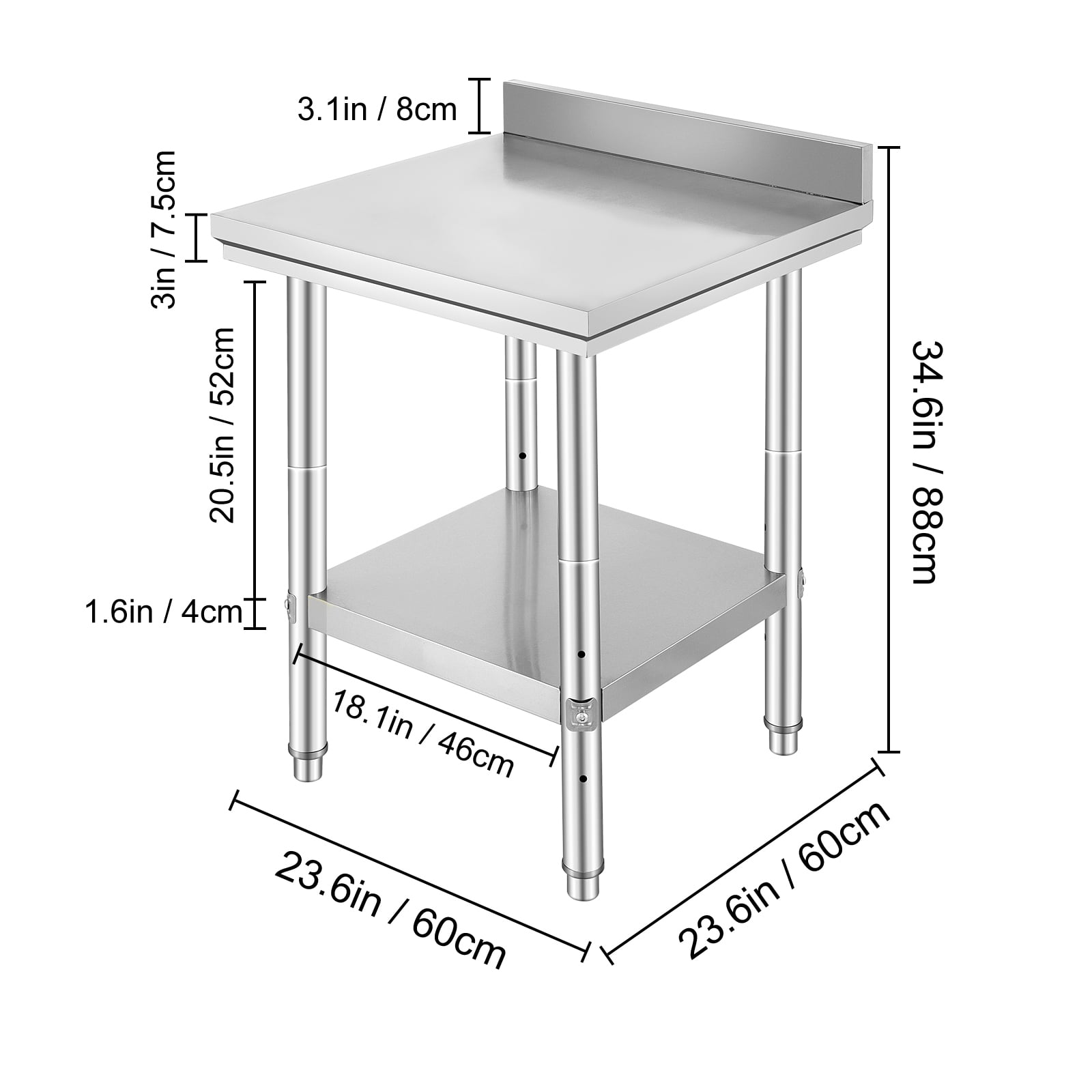 KFFKFF 24 x 24 x 35 Inch Stainless Steel Utility Table, Industrial Food Preparation Surface, Robust Prep Station, Metallic Stand with Customizable Height for Dining Establishments, Residences
