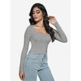 thumbnail image 3 of Women Crew Neck Knitted Crop Shirt Long Sleeve Low Cut Basic Solid Tee Sexy Cutout Blouse Top Streetwear, 3 of 6