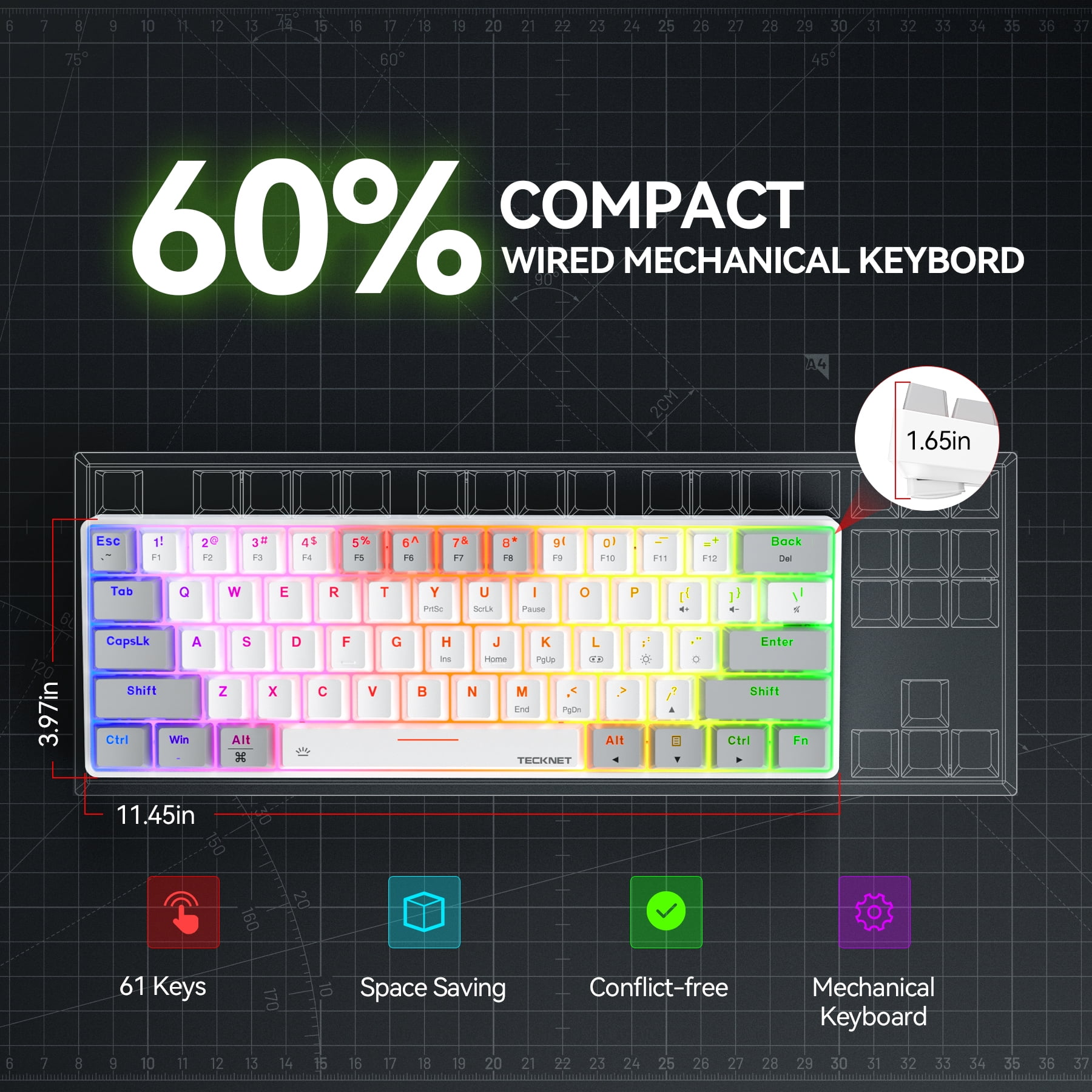TECKNET Ultra Compact Mechanical Keyboard with 60% Cable, RGB Keyboard, White USB Keyboard with Red Switch, Illuminated Keyboard with Adjustable Stand, Clicky Portable Keyboard