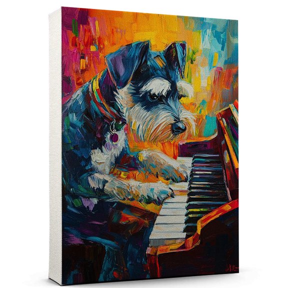 Standard Schnauzer Dog Stretched Canvas Size 8x12 Piano Canvas – Cute Standard Schnauzer Canvas Wall Art of Puppy Playing Piano, Perfect for Dog and Music Fans