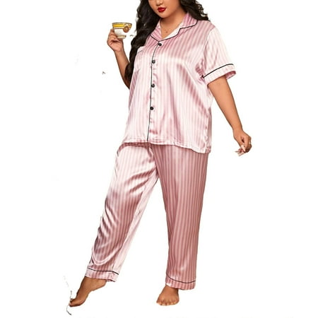 

Striped Lapel Neck Satin Pant Sets Short Sleeve Baby Pink Plus Pajama Sets (Women s)