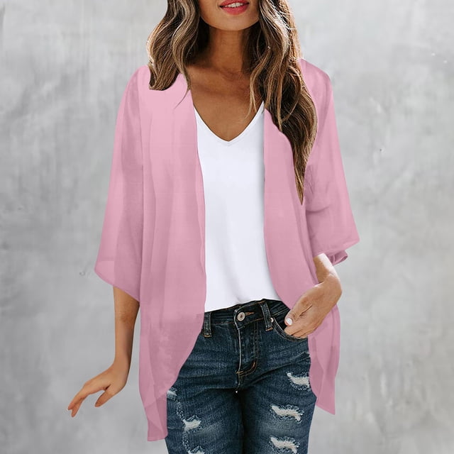 Jsaierl Women's Lightweight Cardigans Solid Color Long Sleeve Open Front Kimono Cardigans Casual Loose Fit Beach Tops