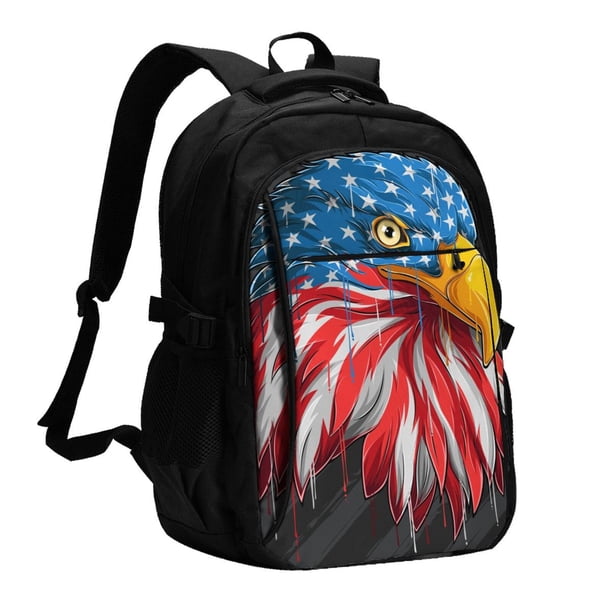 Easygdp Eagle Head With American Flag Mochila para Laptop de Viaje con Puerto USB, Mochila para Laptop con Puerto de Carga USB para Mujeres y Hombres