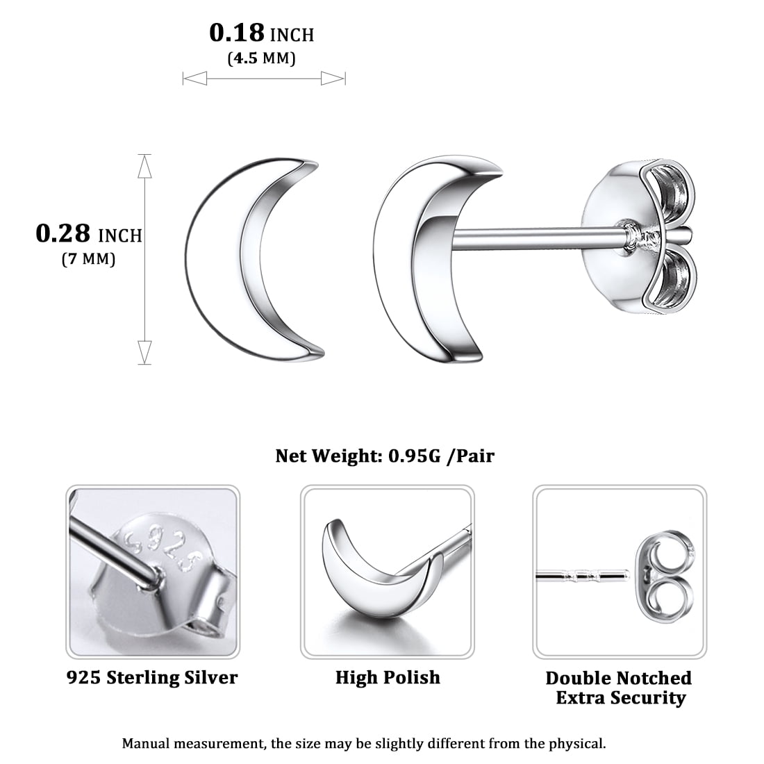 ChicSilver 925 Sterling Silver Earrings Crescent Moon Earrings Stud Earrings for Sensitive Ears Birthday Christmas Gift