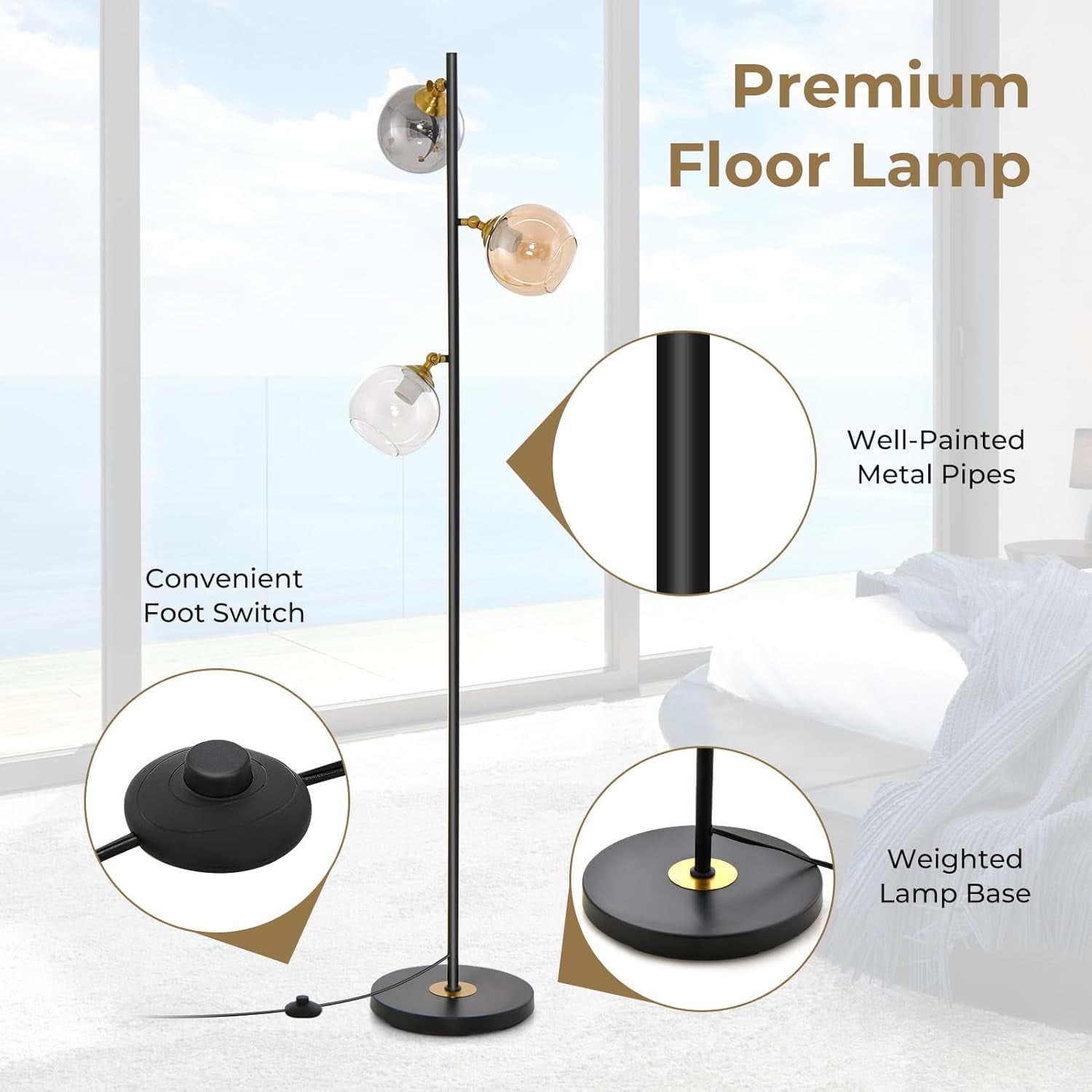 Neatifyes Mid Century Floor Lamp, Modern Freestanding Lamp with 3 Glass Globe Lampshades, Weighted Base, Convenient Foot Switch, Standing Tree Lamp for Bedroom Living Room, E26 Bulb Base (Art Deco)