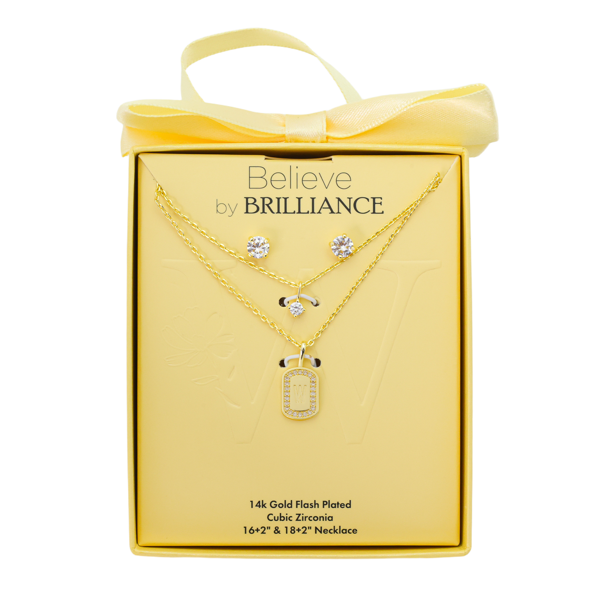Believe by Brilliance Women's 14Kt Gold Flash Plated Cubic Zirconia Double Layer Tag "W" Necklace and Earring Set