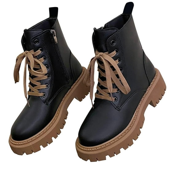 Tao Tao Women's Lug Sole Combat Ankle Boots Black Lace Up Mid Calf Booties with Side Zipper Platform Low Chunky Heel Winter Booties Black 35