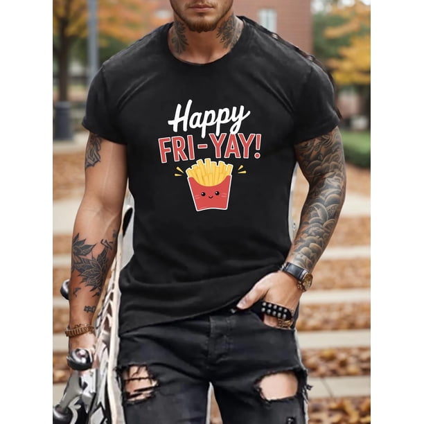 Men'S Happy FRI YAY Print T-Shirt, Casual Crew Neck Short Sleeve Tee, 100% Polyester Knit Fabric, Slight Stretch, Regular Fit, Summer Top for Adults - Geometric Pattern Tee For Adult, Men, Women, Tee
