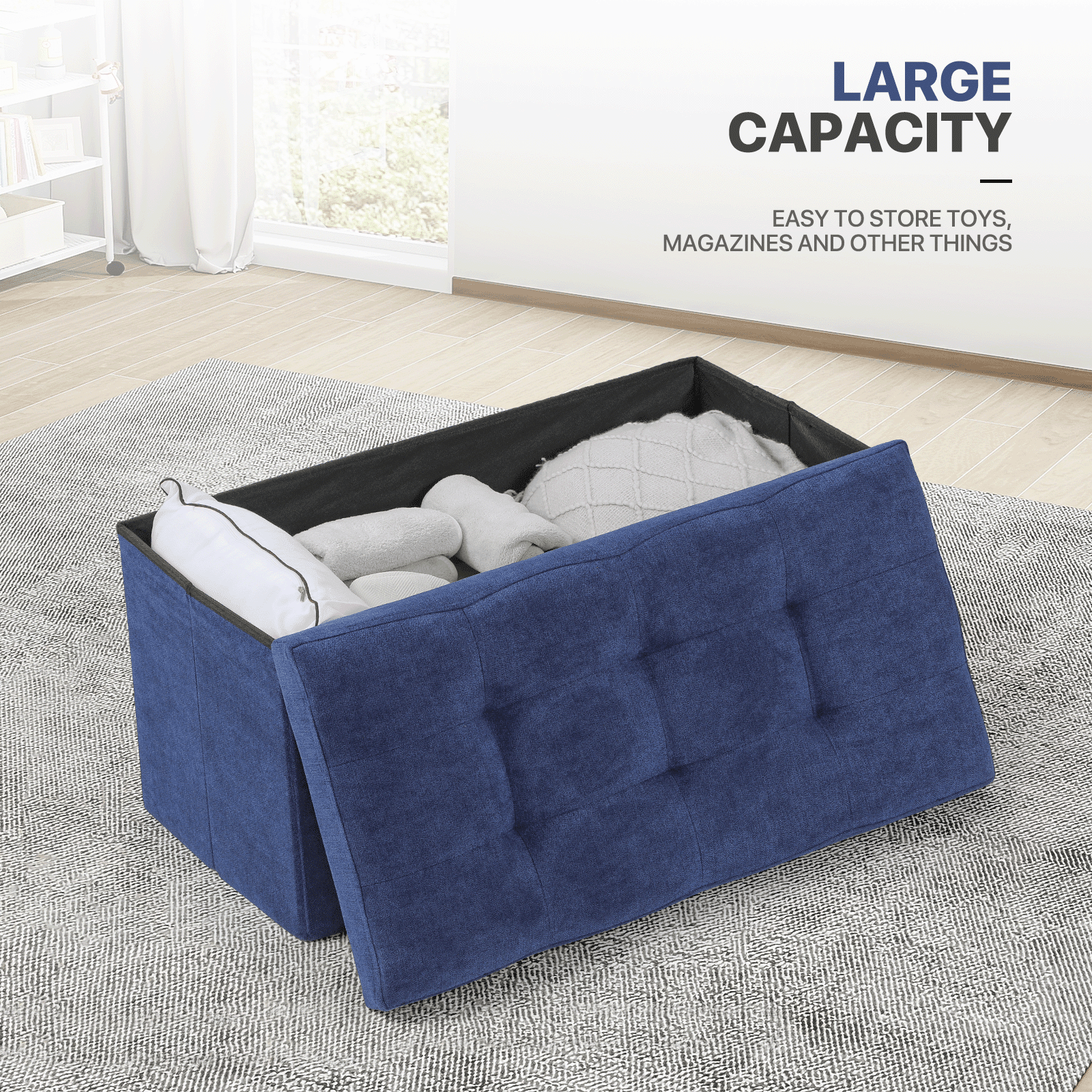 MoNiBloom 30" Folding Storage Ottoman Bench, Cotton-linen Collapsible Footrest Ottoman with Storage, for Living Room Bedroom Entryway, Navy Blue