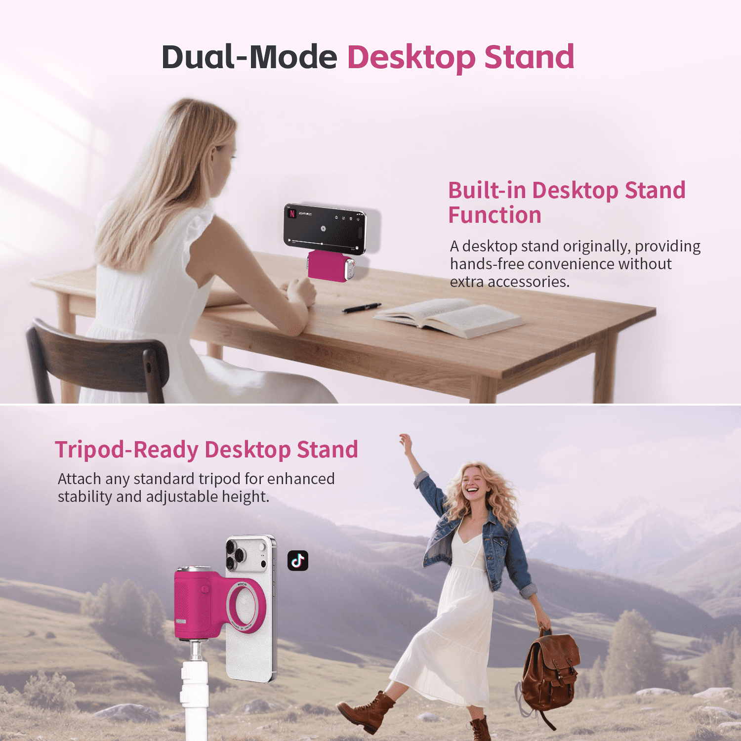 COMITOK MOCA Ergonomic Selfie Stick Detachable Remote Control Magnetic Selfie Stick for iPhone 17 Perfect for Vlogging TikTok-1/4" Screw Mount Fuchsia