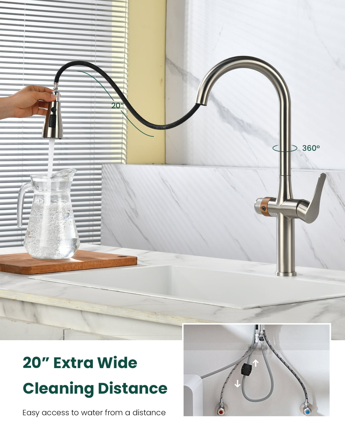 APPASO Brushed Nickel 3-Way Kitchen Faucet with Water Filter Connection, Commercial Single Handle High Arc, SUS304 Stainless Steel 3 in 1 Sink Faucet (Without Filtration Device)