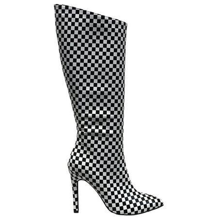 - Pledge-27s Knee High Pointed Toe Stiletto Heel Side Zipper Boots Checker