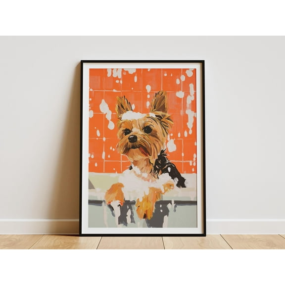 Yorkshire Terrier Dog Bath Art Print Foamy Tub Animal Wall Decor Dog Lover Gift Bathroom Decor Pet Portrait Poster Yorkie Puppy Art - Poster Unframed