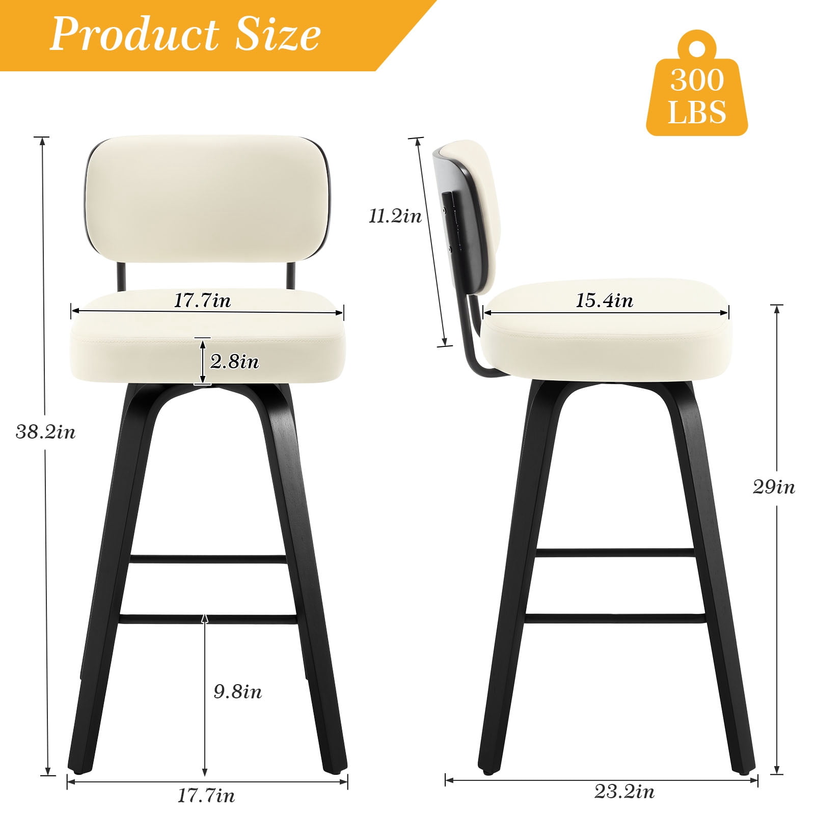 ANMINY Swivel Counter Height Bar Stools, Set of 1, Upholstered Faux Leather Barstools with PU Back, 29" Seat Height Bar Chairs for Kitchen Island, Bentwood Wood Frame