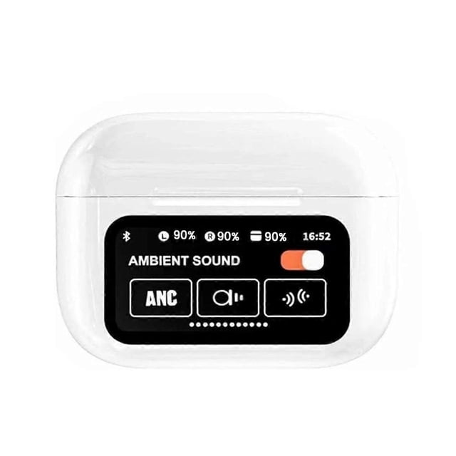 bluetooth earbuds noise cancelling touch screen headphone for workout Blanco Yans estuche de carga frontal con pantalla táctil LED negra que muestra 'AMBIENT SOUND', iconos ANC y nivel de batería; estuche blanco ABS de forma rectangular con bordes redondeados sobre fondo blanco.