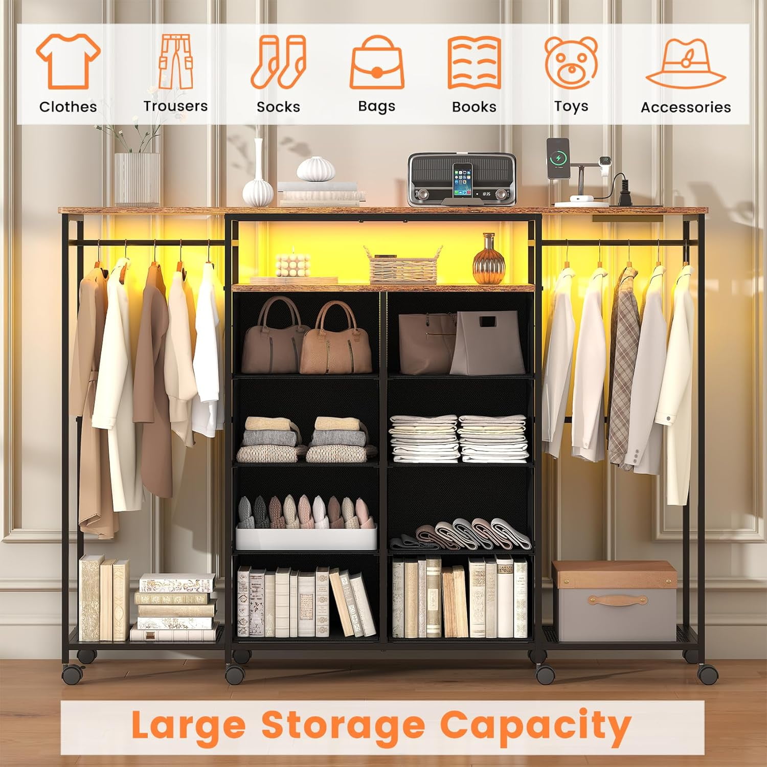 Winkalon Dresser with Clothes Rack 8 Drawer Dresser with Clothing Rack for Hanging Clothes Brown Dresser with Fabric Drawers & Charging Station