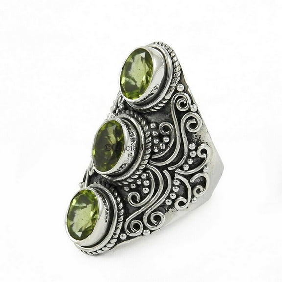 Natural Peridot Gemstone Ring, Solid 925 Sterling Silver, Three Stone Ring, Unique Ring, Special Design Jewelry For Women, August Birthstone Ring, Stackable Ring, Silver Oxidized Ring (peridot, 7)