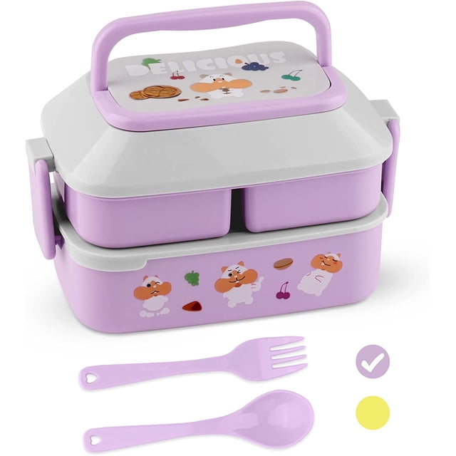 Bento Box For Kids, 3 Compartment Kids Bento Box Lunch Box, BPA Free Bento Lunch Box With Utensils/Handle, Cute Snack Bento Box For Kids Lunch Containers, Microwave Safe Bento Box (Purple)