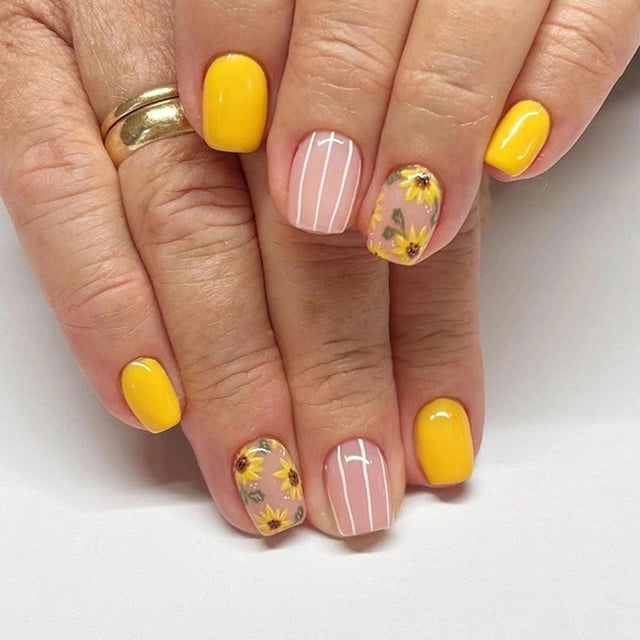 Uñas Postizas BDKAIWU Cortas con Girasoles Amarillos 24 Piezas