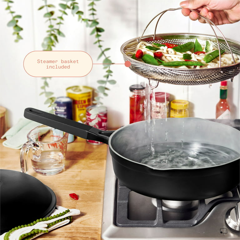 Beautiful All-in-One 4 qt Hero Pan with Steam Insert, 3 PC Set, Black Sesame by Drew Barrymore