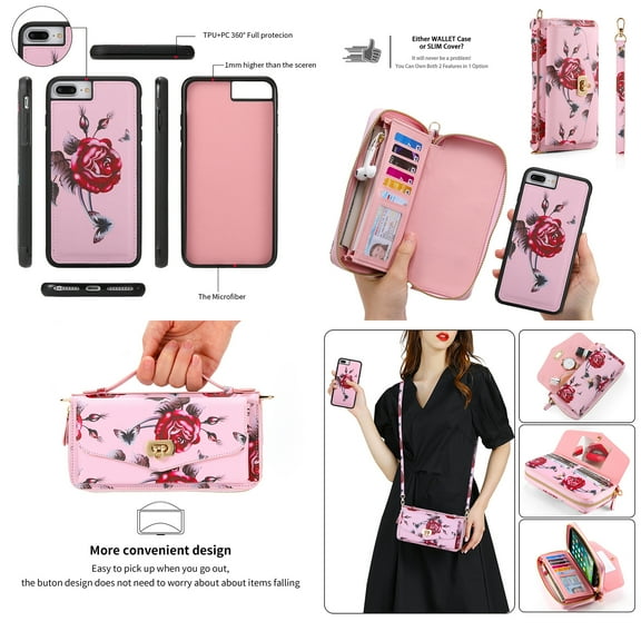 Feishell for iPhone 7/8/SE 2020/SE 2022 Crossbody Wallet Detachable Case,for Women Girls,Flower Pattern PU Leather RFID Blocking Multi Card Slots Zipper Phone Case with Shoulder & Hand Strap,Pink
