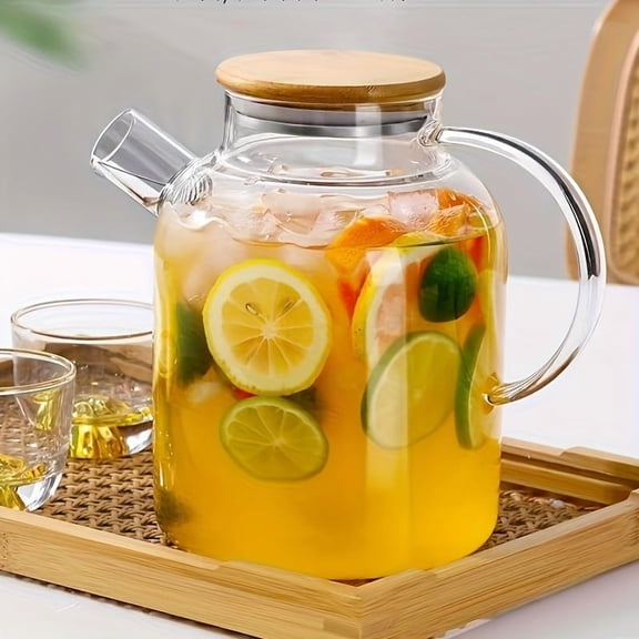 1-Pc Microwave-Safe Glass Tea Pitcher - Lid & Built-in Strainer for Fruit Infusions Beverages Holiday Gifts