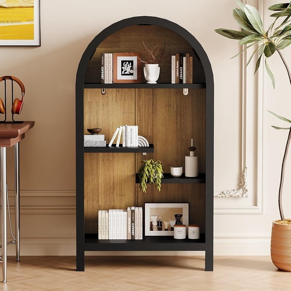 YWEN 4-Tier Arched Freestanding Bookshelf with Open Shelves and Cabinet Storage, Asymmetrical Wooden Display Shelf for Living Room Bedroom Entryway Office