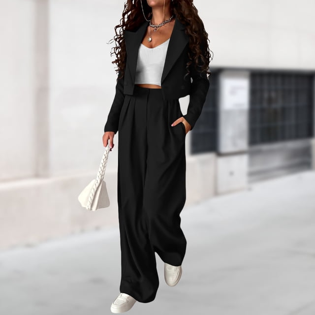 Chaqueta corta para mujer abrigo y pantalones de cintura alta ropa de viaje para mujer de color sólido